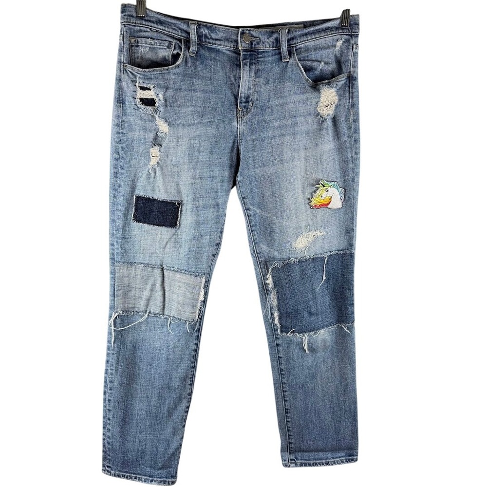 Treasure & Bond‎ Womens 32 Boyfriend Fit Distressed Patchwork Unicorn Jeans Blue